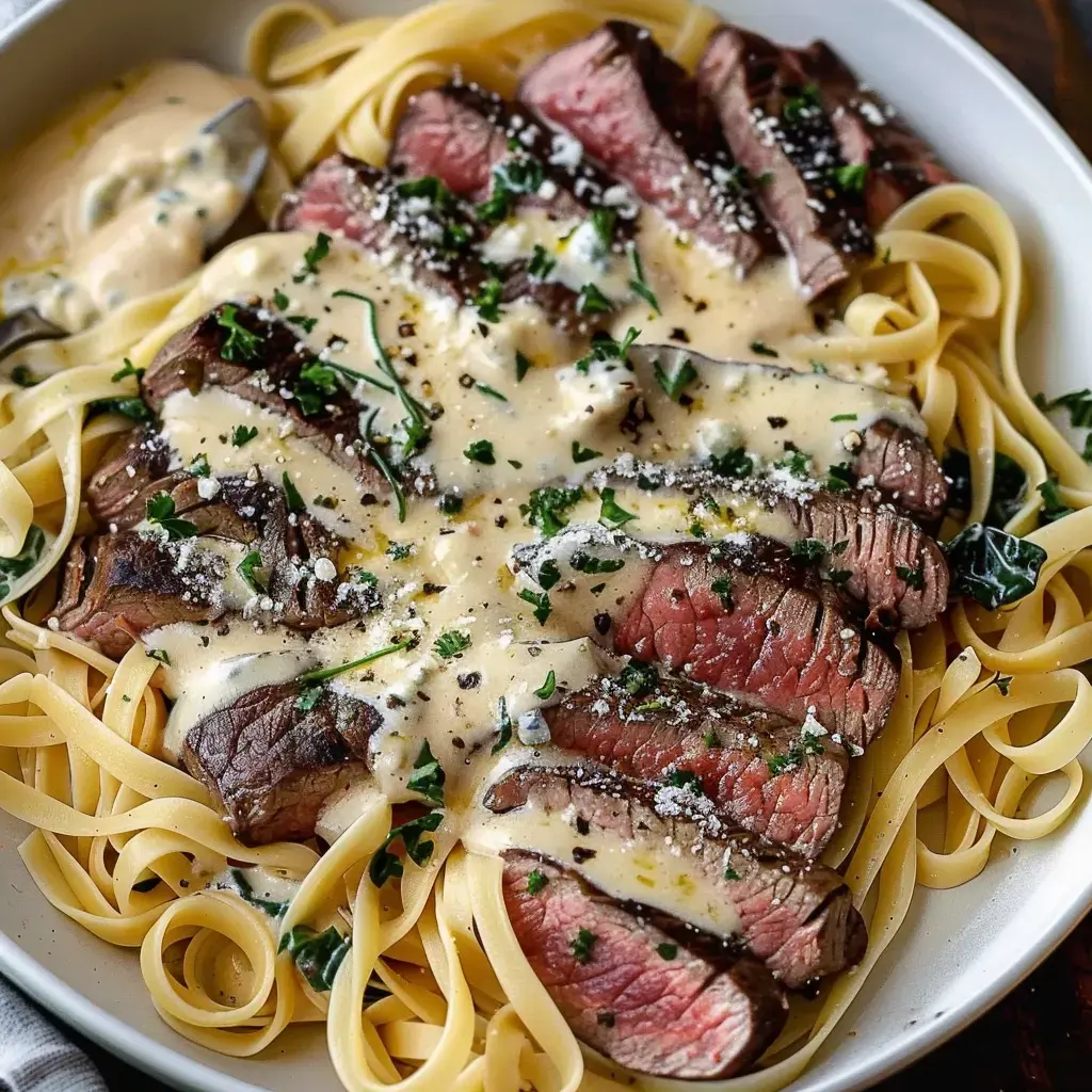 Pâtes fettuccine garnies de tranches de steak tendre, baignées dans une sauce crémeuse et saupoudrées de persil frais.