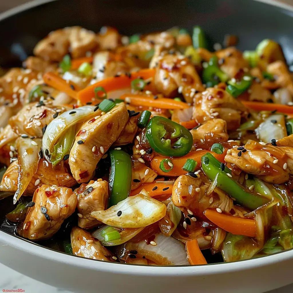 Une assiette garnie de poulet sauté, légumes et graines de sésame, nappée de sauce savoureuse, servie avec élégance.