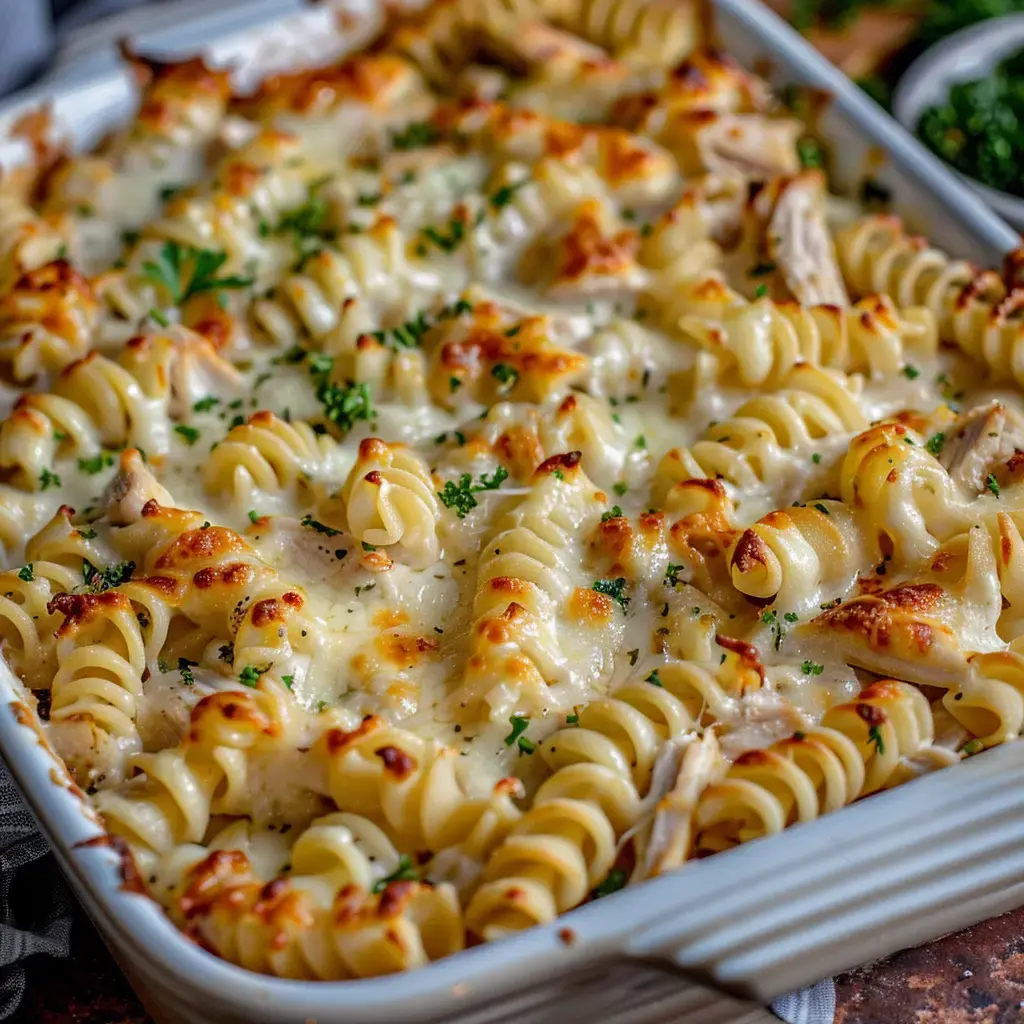 Un gratin de pâtes au fromage doré, décoré de persil frais.