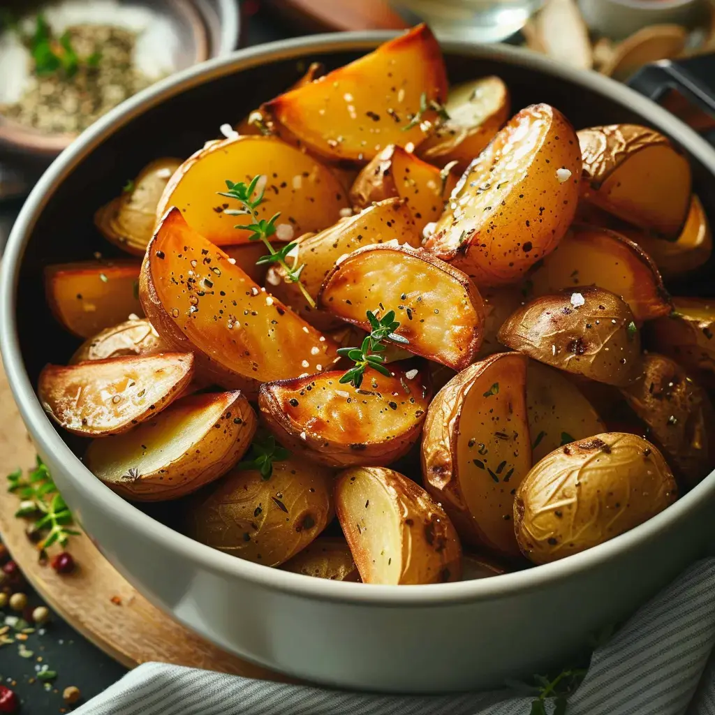 Assiette de patates dorées avec des herbes et assaisonnements.