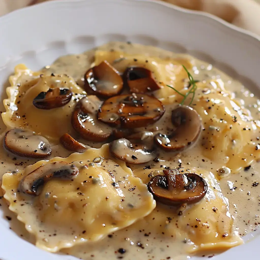 Ravioli plongés dans une sauce crémeuse, ornés de champignons sautés.