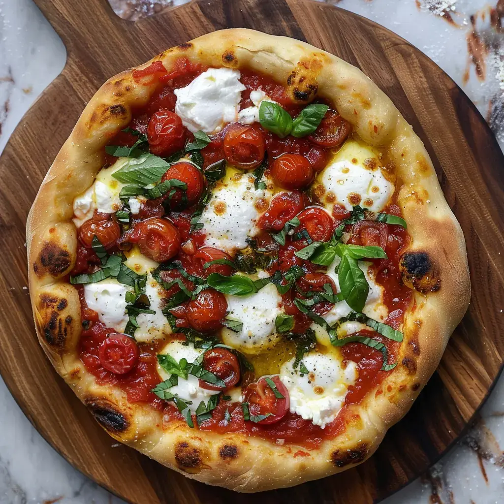 Pâte fine garnie de tomates confites, de burrata et de basilic frais sur planche en bois.