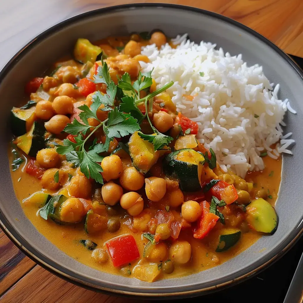 Un délicieux bol de pois chiches au lait de coco avec riz, garni de coriandre.