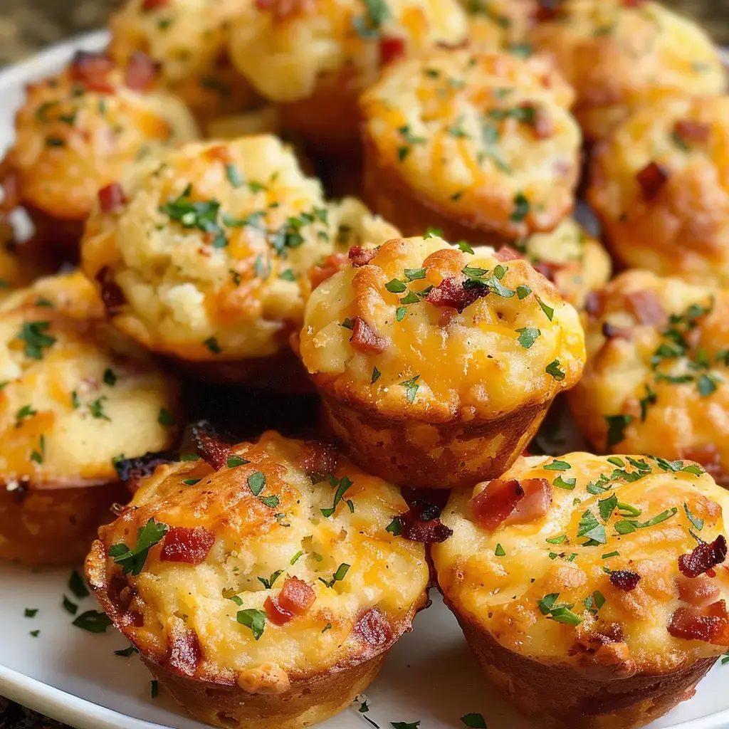 Des muffins savoureux avec fromage et lardons grillés, joliment présentés sur une assiette.