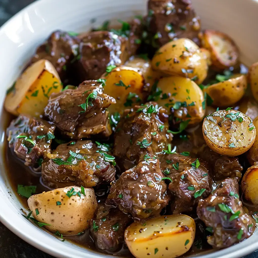 Viande mijotée fondante et pommes de terre garnies de persil.