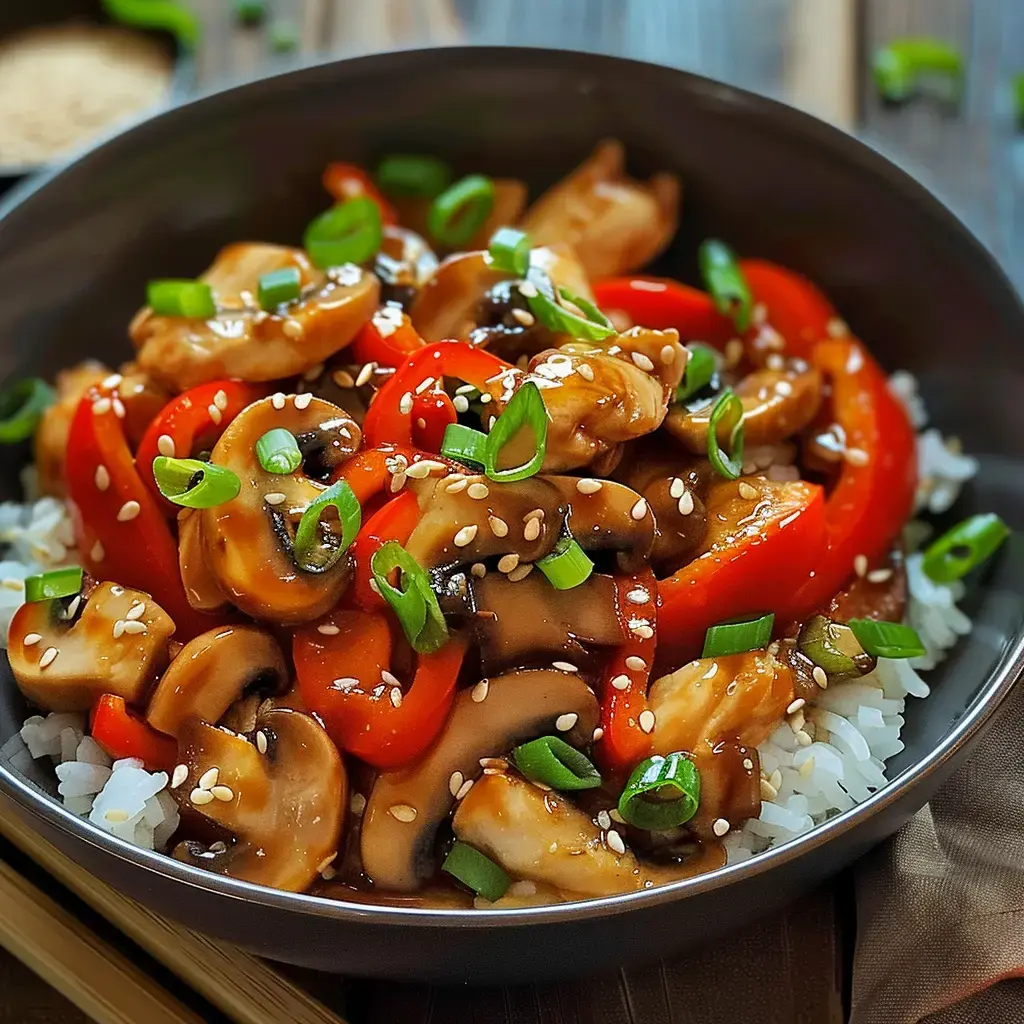 Bol composé de riz, de poulet sauté aux légumes et de graines de sésame, idéal pour un repas rempli de saveurs.