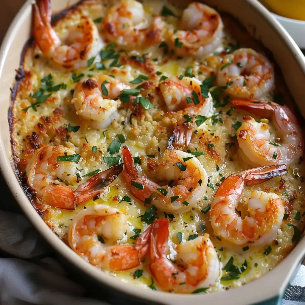 Un four cuisant des crevettes dorées garnies de chapelure croustillante et de brins de persil.