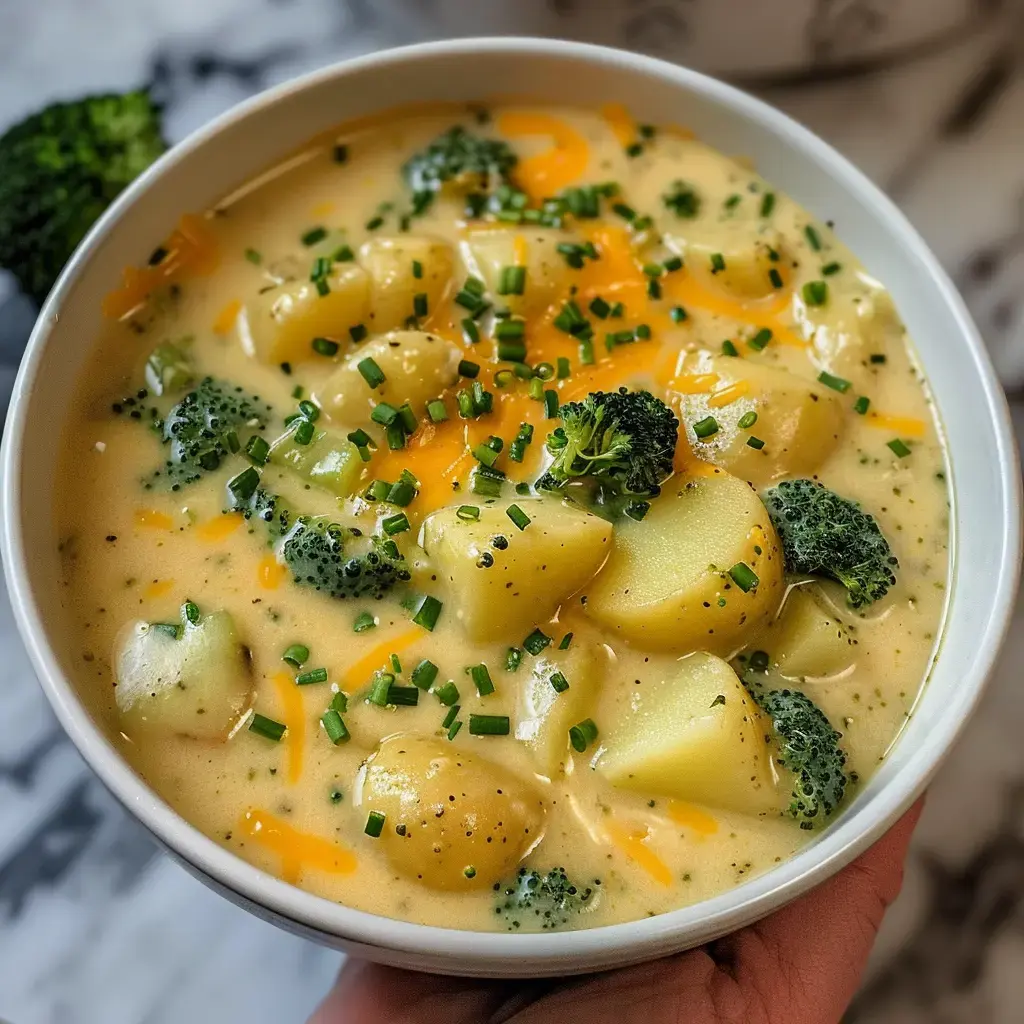 Velouté onctueux aux pommes de terre et brocoli, parsemé de fromage fondu et de persil.