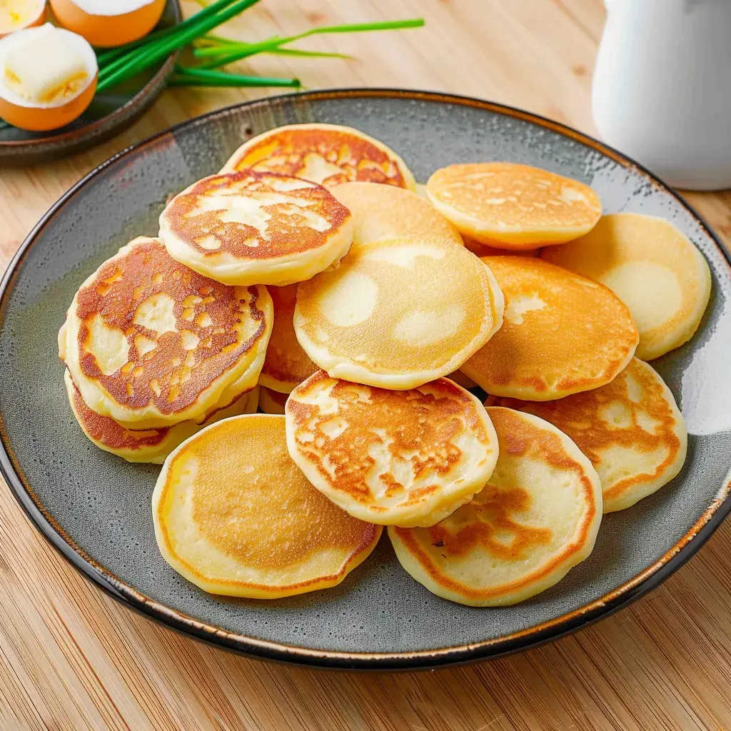 Des blinis dorés servis sur une table en bois.