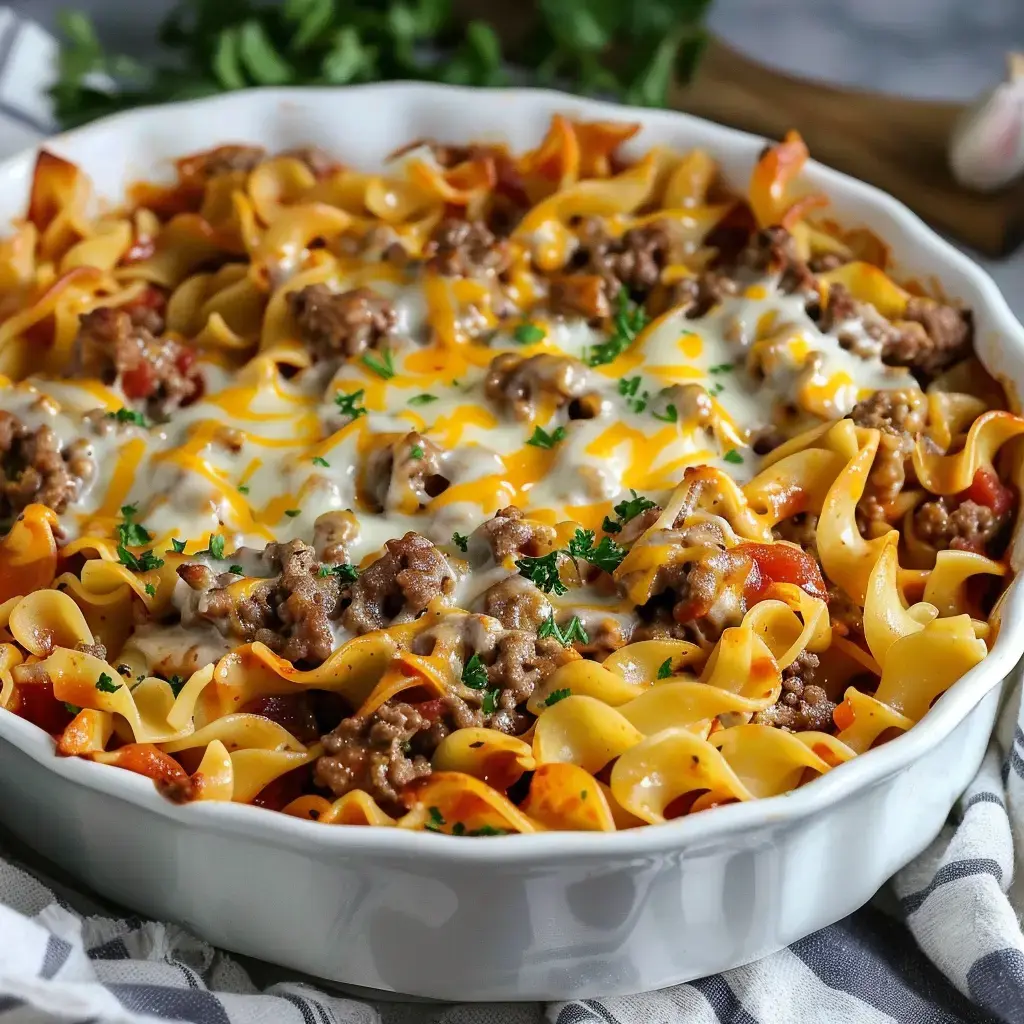 Un délicieux gratin de pâtes et de bœuf nappé de sauce tomate, terminé avec une belle couche de fromage fondu.