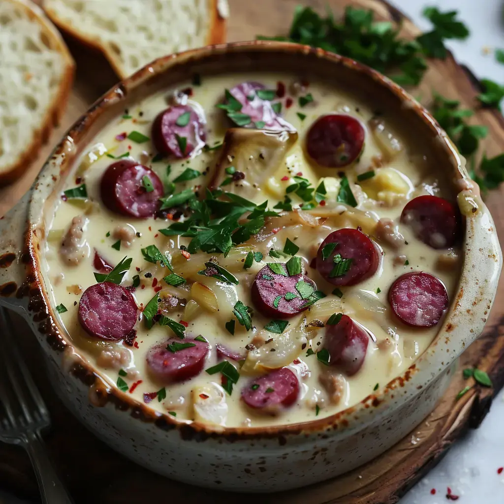 Un bol de velouté crémeux avec des morceaux de saucisses et d'herbes, accompagné de tranches de pain.