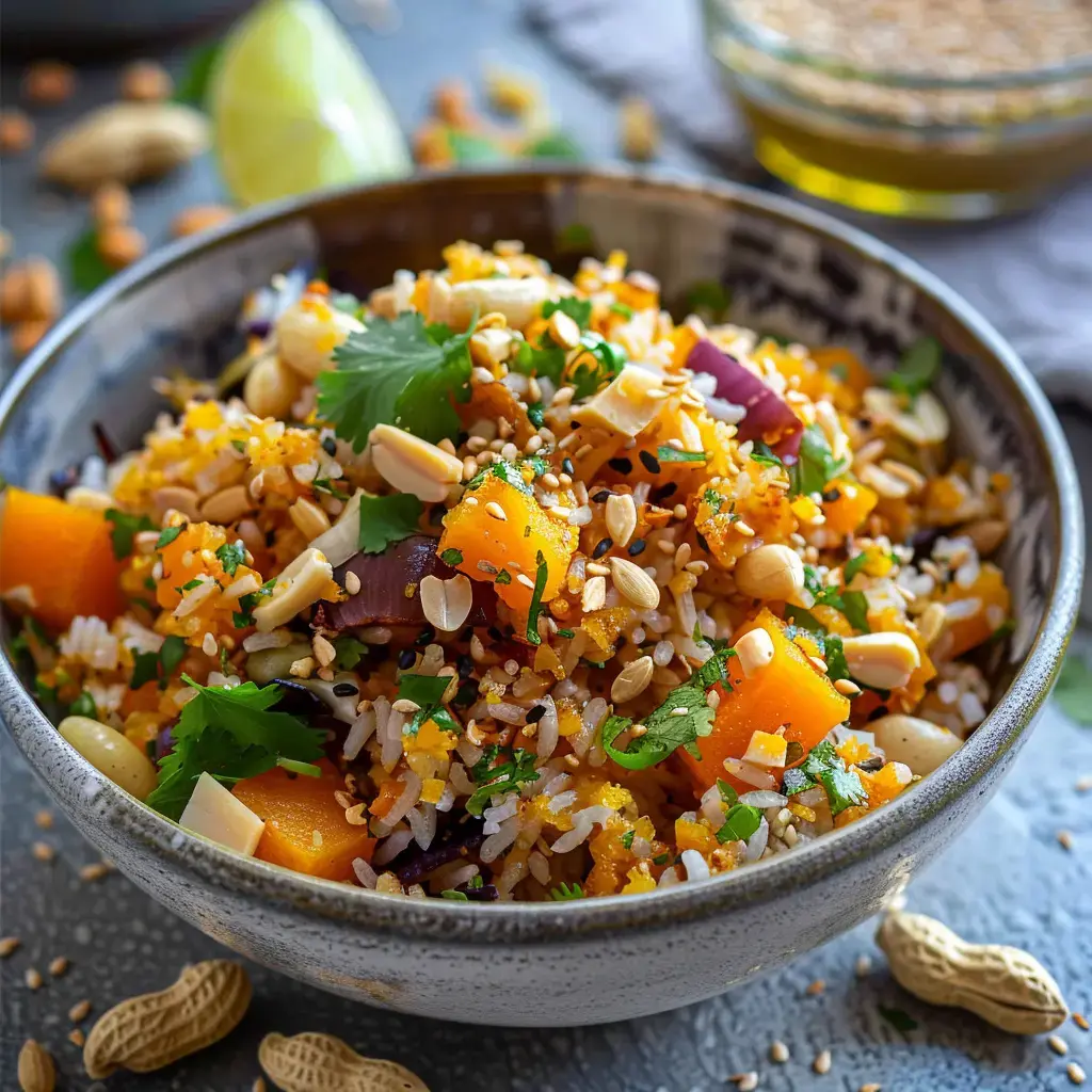 Bol avec riz croquant, morceaux de potiron, cacahuètes, graines de sésame et citron vert.