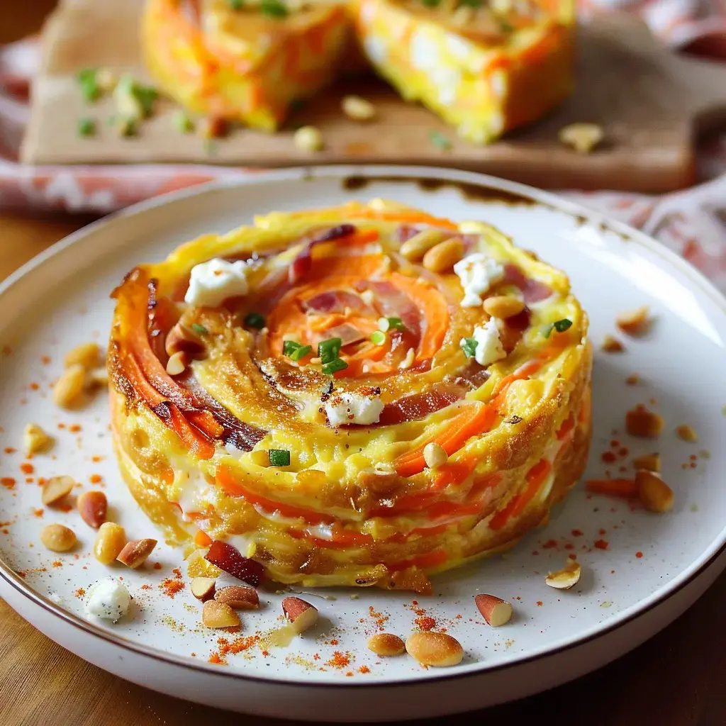 Un délicieux plat de flan aux légumes garni de morceaux de fromage présenté sur une jolie assiette.