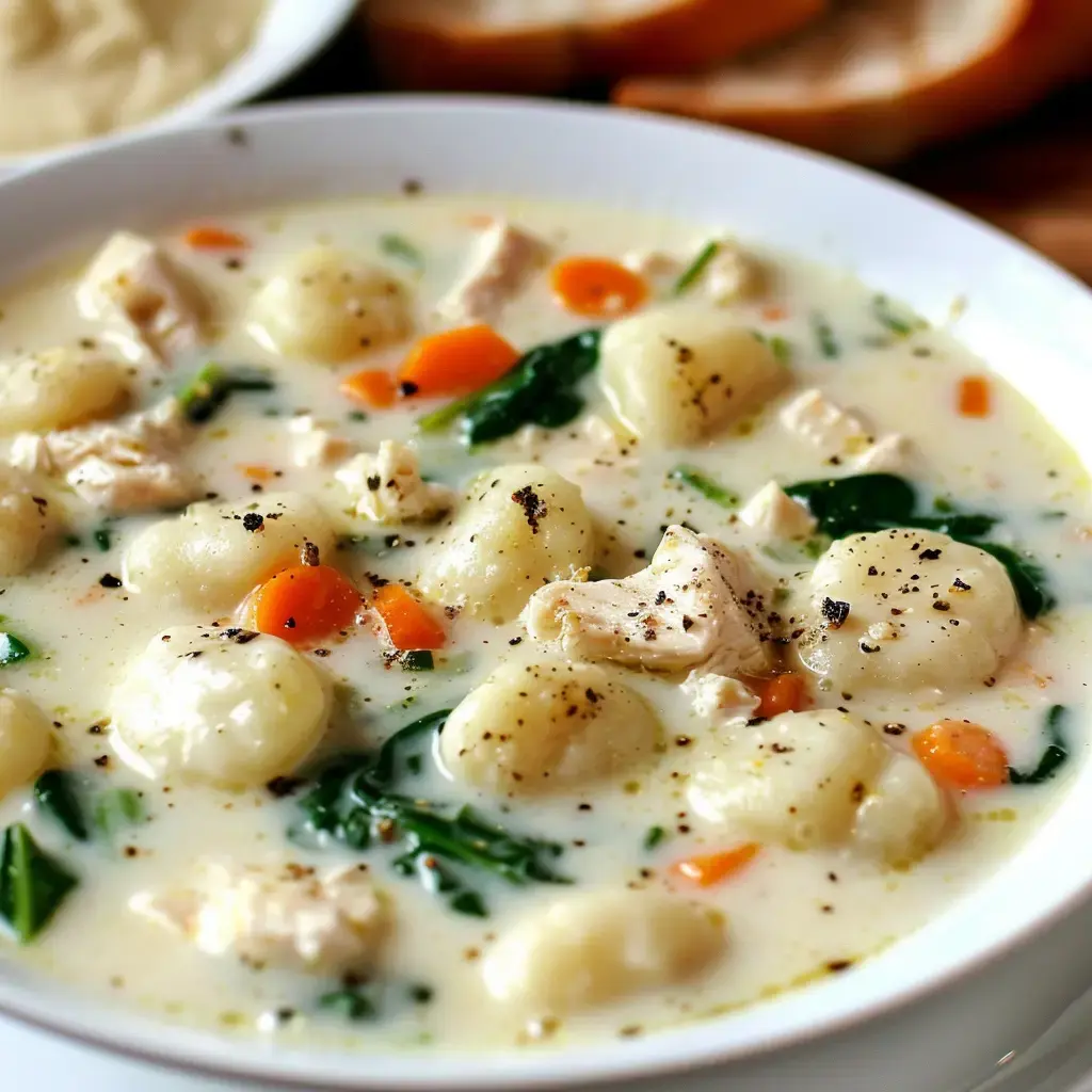 Un bol rempli de soupe crémeuse avec gnocchis, morceaux de poulet, épinards et carottes.