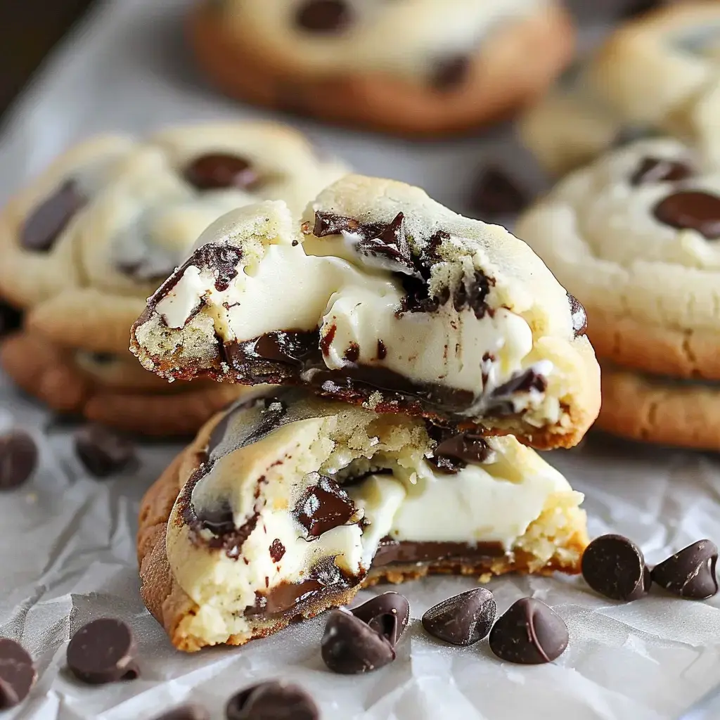 Cookies aux morceaux de chocolat fourrés d'une crème gourmande, coupés pour en dévoiler l'intérieur tendre.