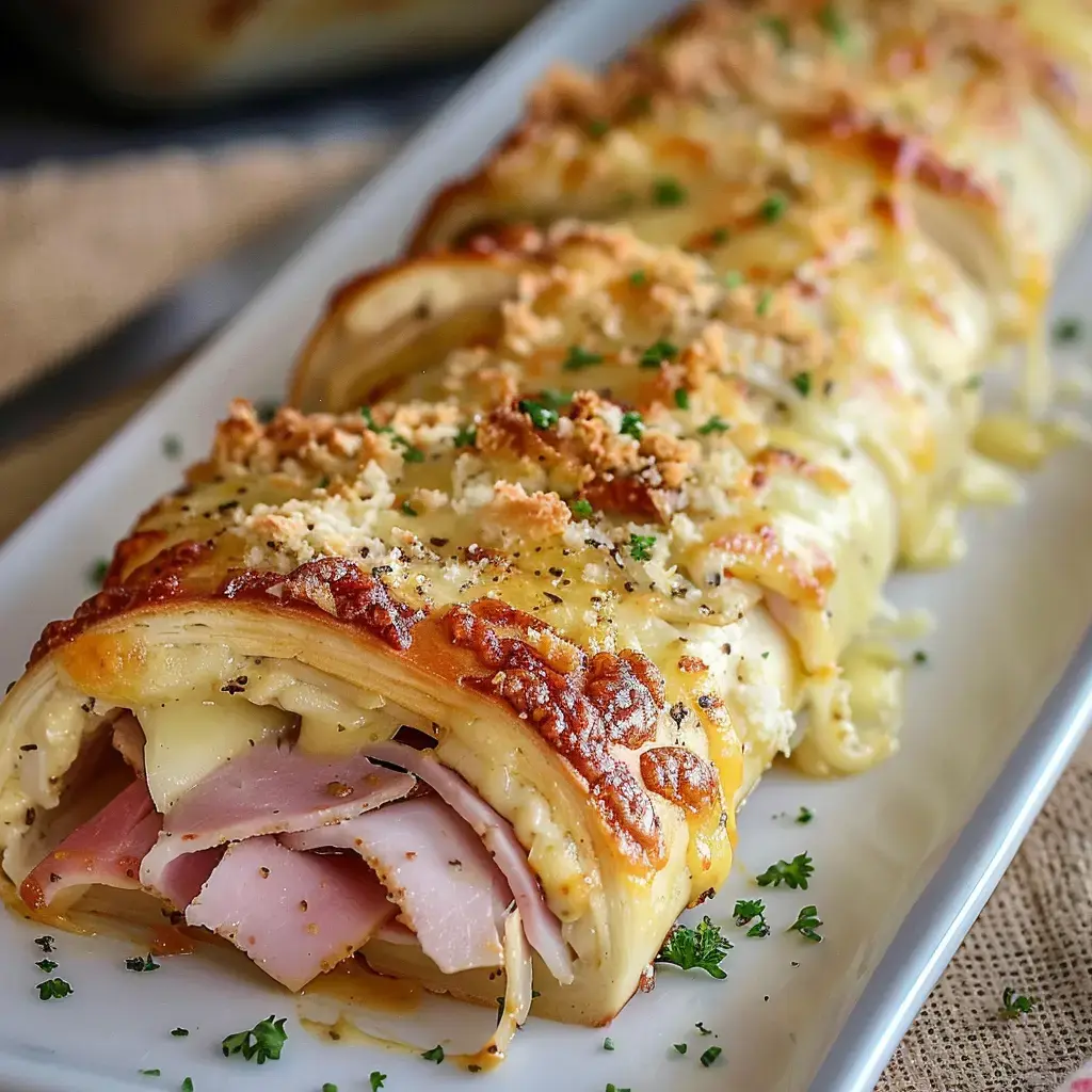 Roulé de pâte garni de jambon et fromage fondu, saupoudré de persil haché, présenté dans une assiette.