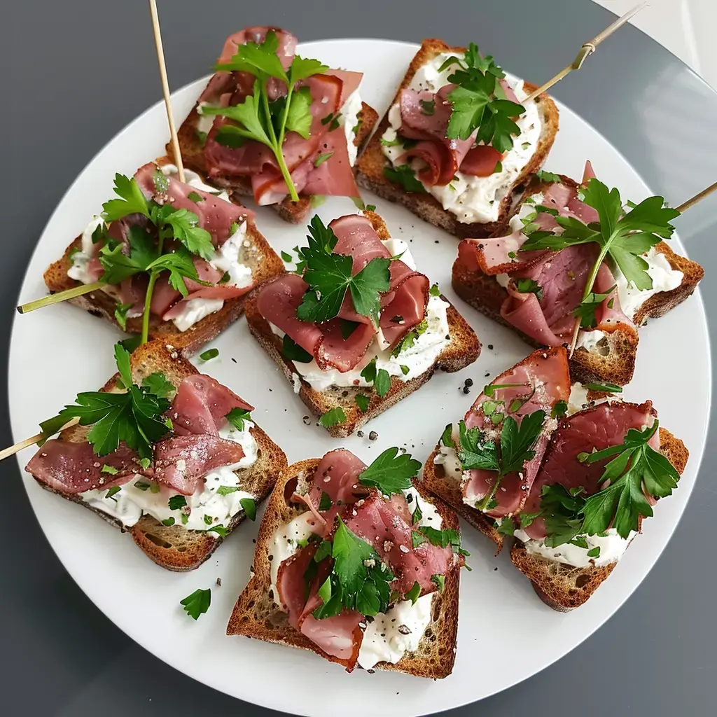 Assiette décorée de tranches de pain avec fromage et magret fumé, garnies de persil.