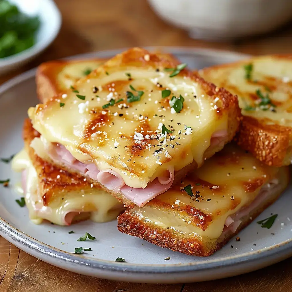 Tranches de pain garnies de jambon et fromage fondu, joliment dorées, servies avec du persil.