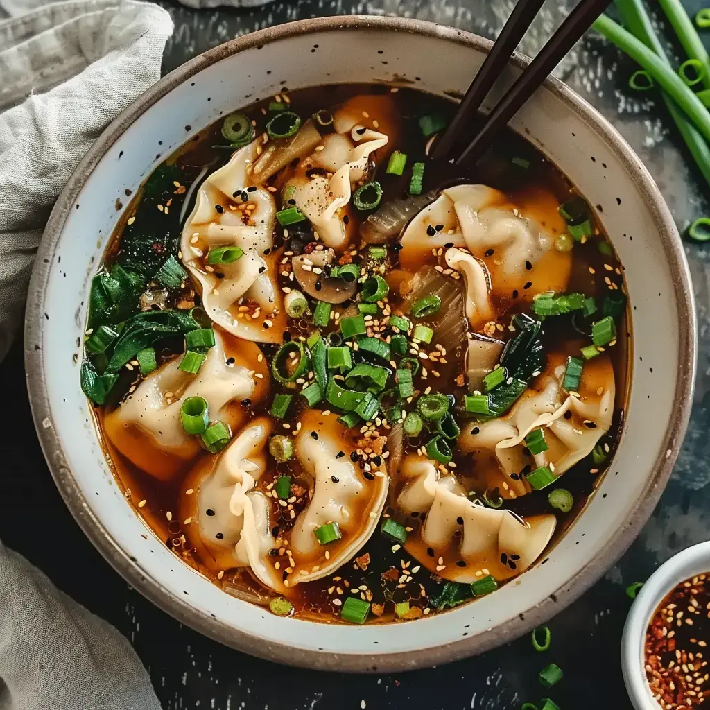 Bol de soupe chaude avec raviolis, légumes croquants, graines de sésame et oignons verts dans un bouillon délicieux.