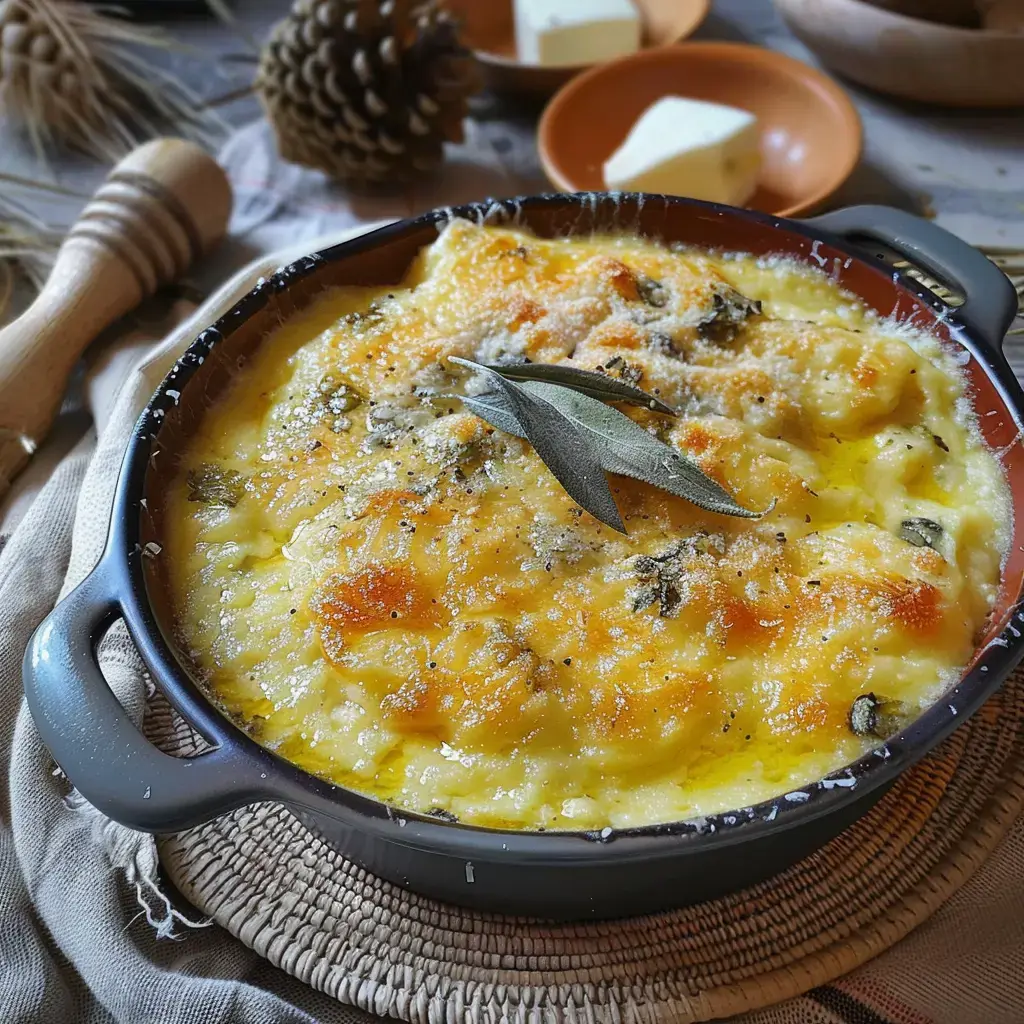Plat gratiné de polenta au fromage, doré, garni de feuilles de sauge, servi en céramique.