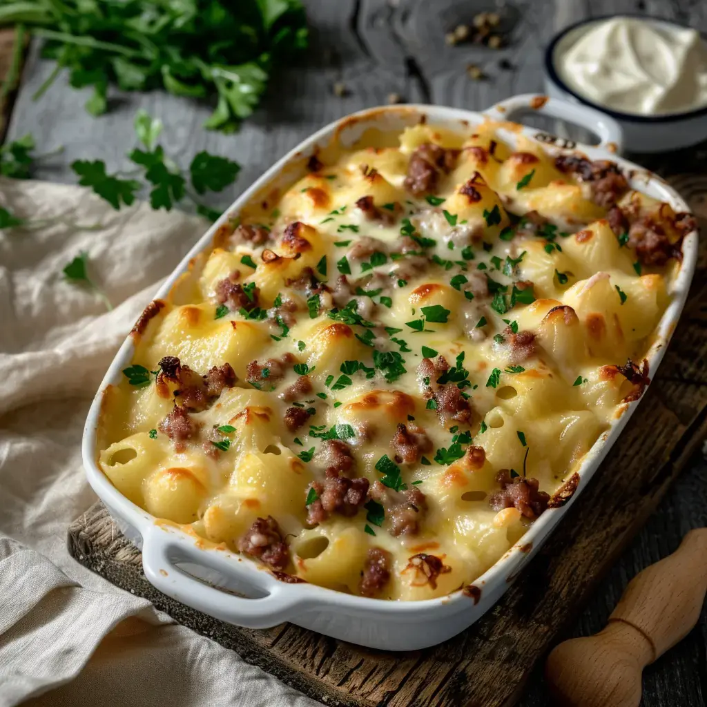 Un délicieux gratin de coquillettes, fromage fondant et viande, décoré de persil frais.