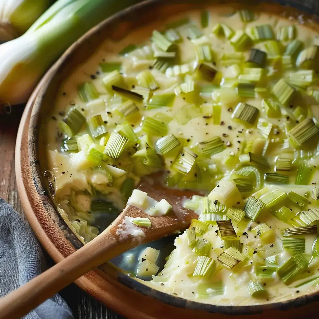 Un plat appétissant de poireaux cuits à merveille, garni de morceaux frais et d'une touche de poivre.