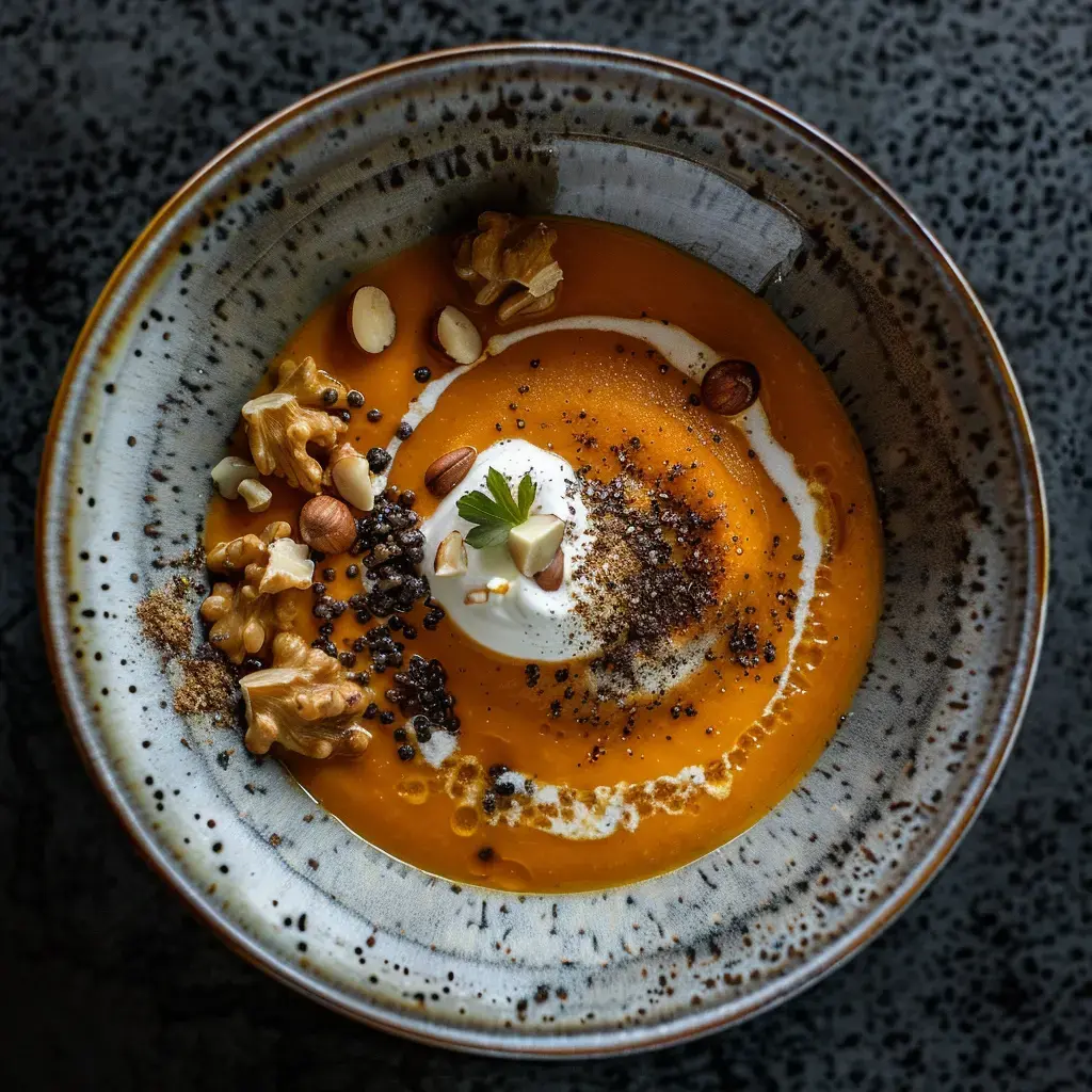 Une soupe onctueuse orangée garnie de crème, de noisettes et de touches d'épices, présentée dans un bol élégant.