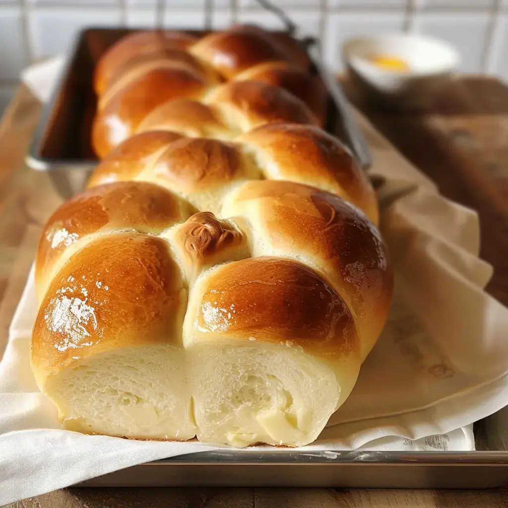 Une brioche dorée et moelleuse posée sur un plateau avec une assiette blanche à l'arrière-plan.