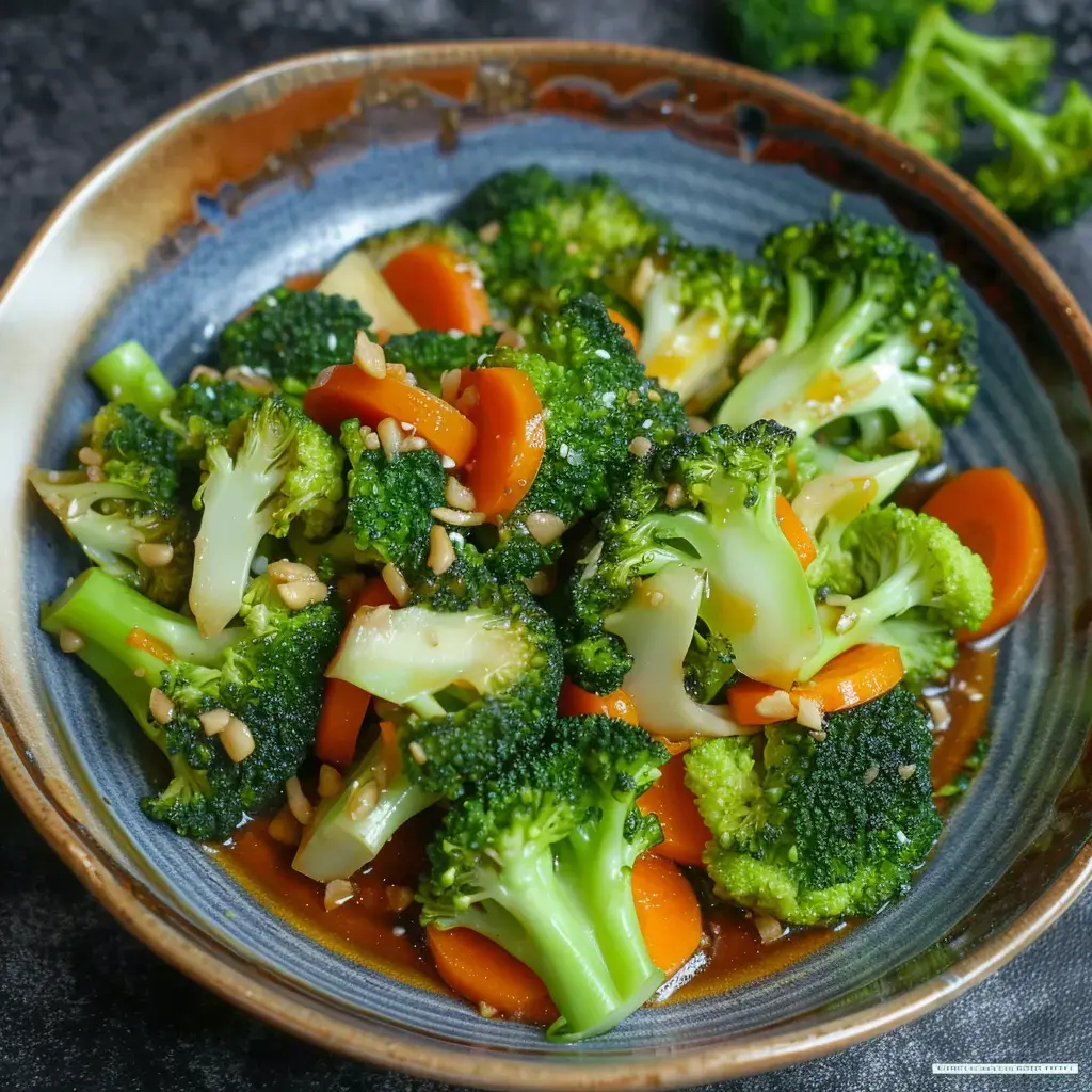 Un plat coloré de légumes, brocolis et carottes dans une sauce maison.