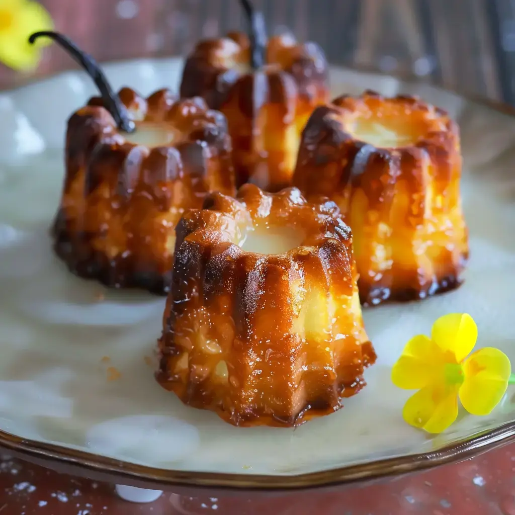 Quatre délicieux cannelés dorés servis avec une fleur jaune comme décoration.