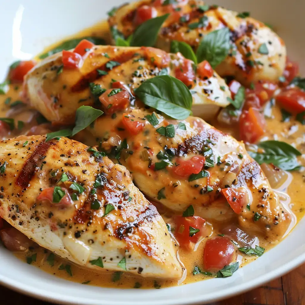 Filets de poulet cuits dans une douce sauce tomate et crème avec feuilles de basilic frais.