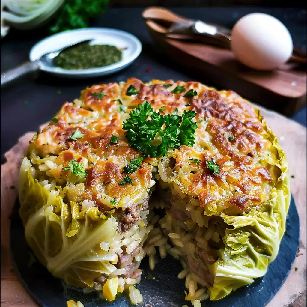 Un gâteau salé enveloppé de chou, garni de persil sur un plat noir chic.