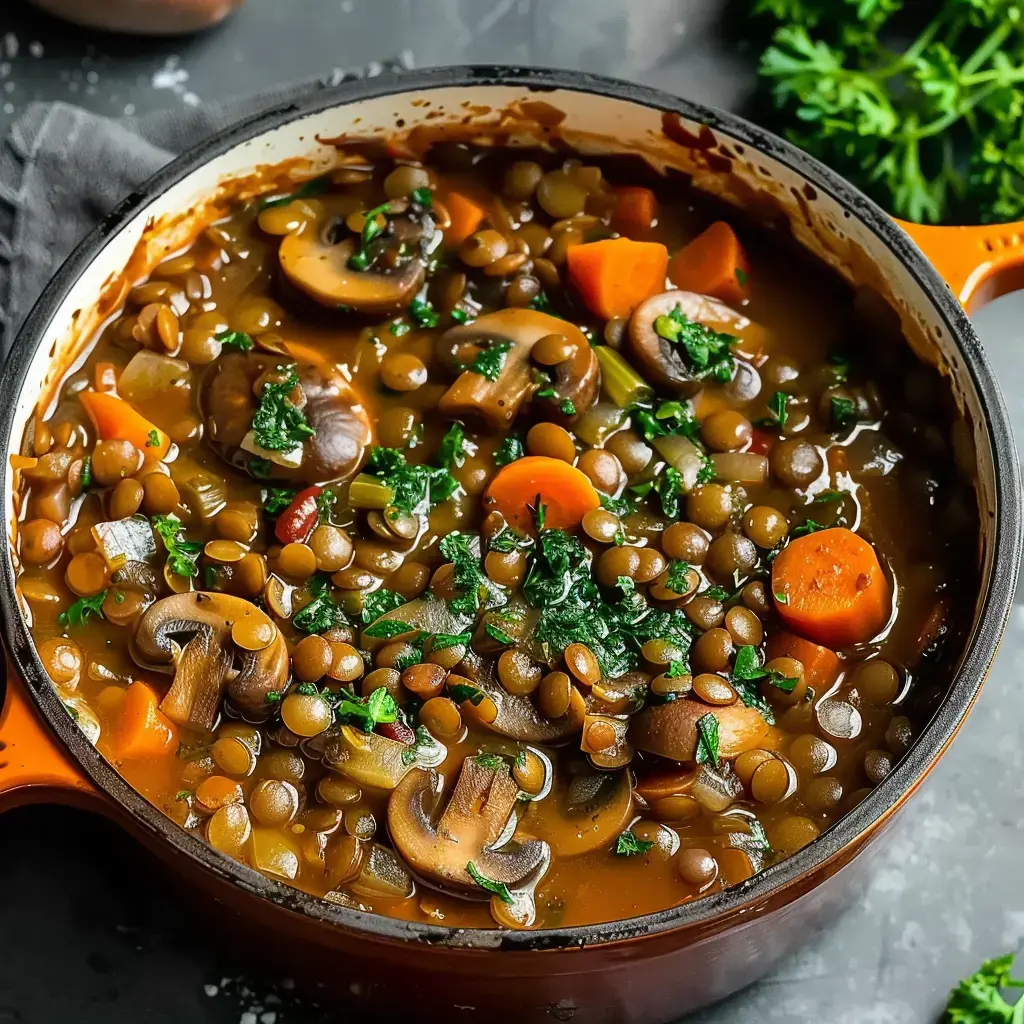 Lentilles aux champignons et légumes avec des herbes fraîches, servi dans une cocotte en fonte.