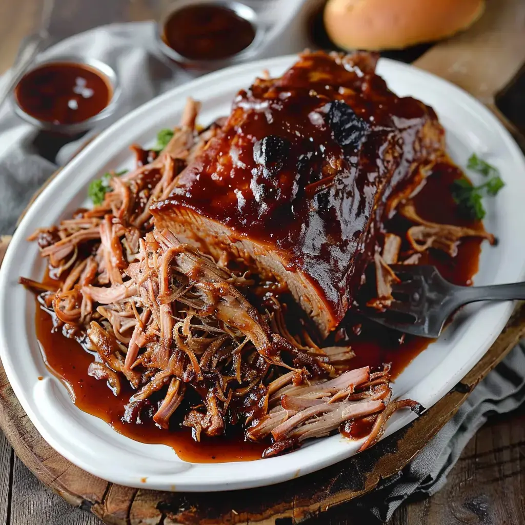 Une assiette généreuse de porc effiloché recouvert de sauce BBQ, accompagnée de pain et de condiments.