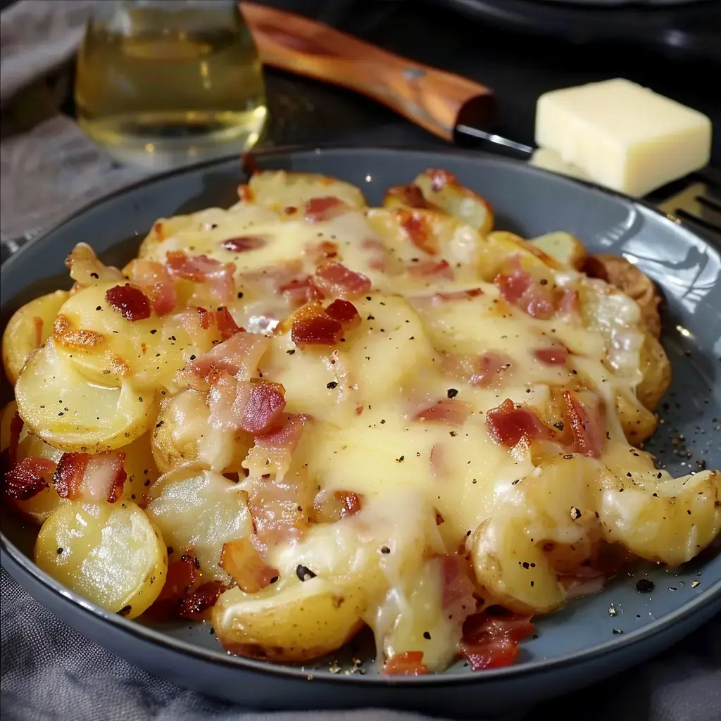 Un plat montagnard de pommes de terre dorées, fromage reblochon fondu et lardons croustillants servis dans un plat rustique.