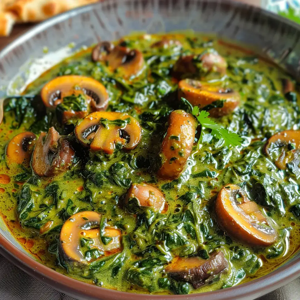 Un curry d'épinards onctueux avec une touche d'épices, généreusement garni de champignons.