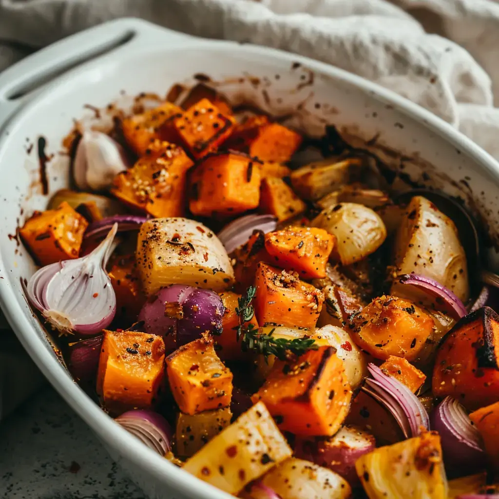 Un mélange de légumes dorés au four, avec des cubes de courge, des morceaux d’oignons et une touche d’épices comme le thym.