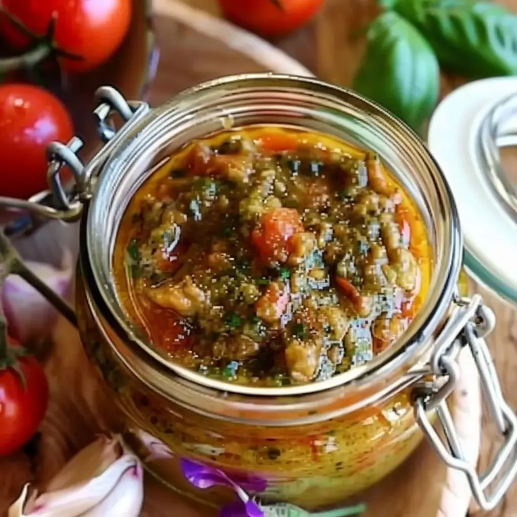 Un pot en verre rempli d'un pesto coloré avec des ingrédients frais autour comme des tomates et des épices.