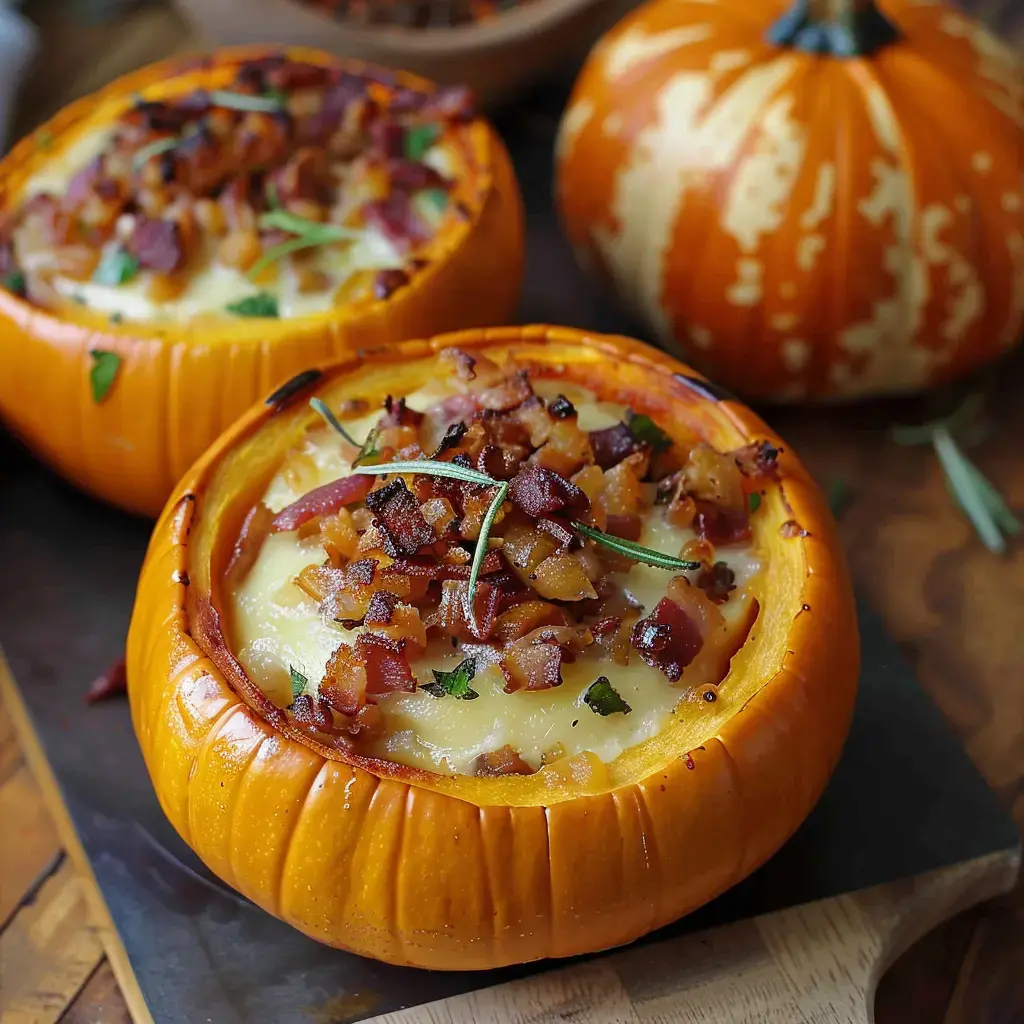 Deux courges évidées garnies de fromage fondant, bacon grillé et herbes, posées sur une planche en bois.