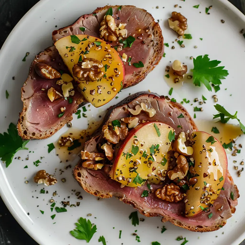 Deux tranches de pain garnies de viande, pommes et fromage, servies sur une assiette blanche.