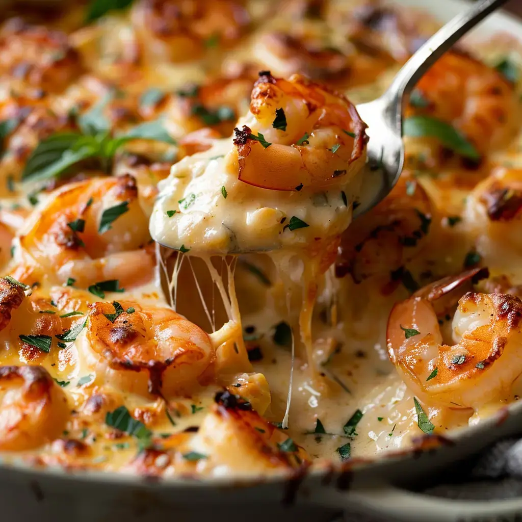 Plat crémeux avec des crevettes gratinées et du fromage fondu.