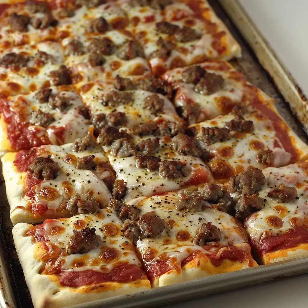 Pizza carrée garnie de fromage fondant, tomates et viande hachée.