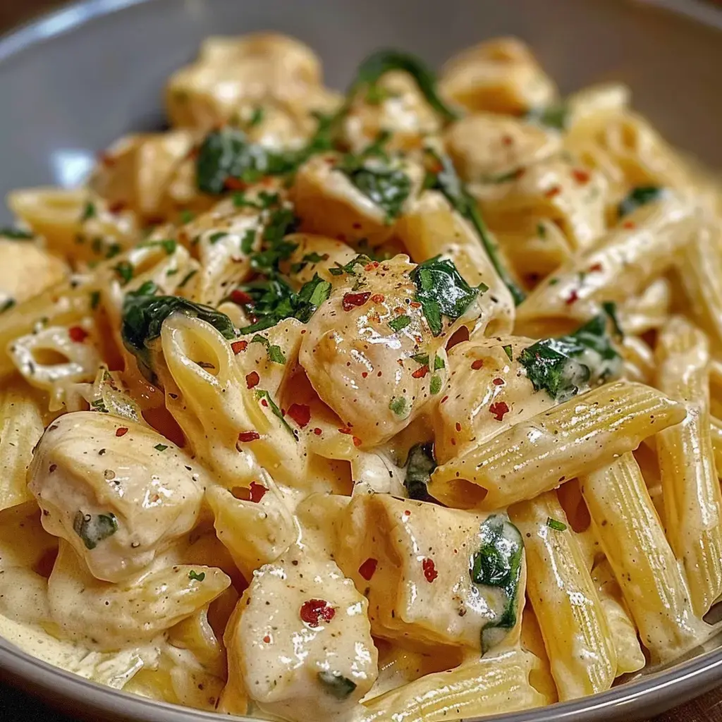 Plat généreux de pâtes, poulet tendre et herbes fraîches, avec une touche de ricotta.