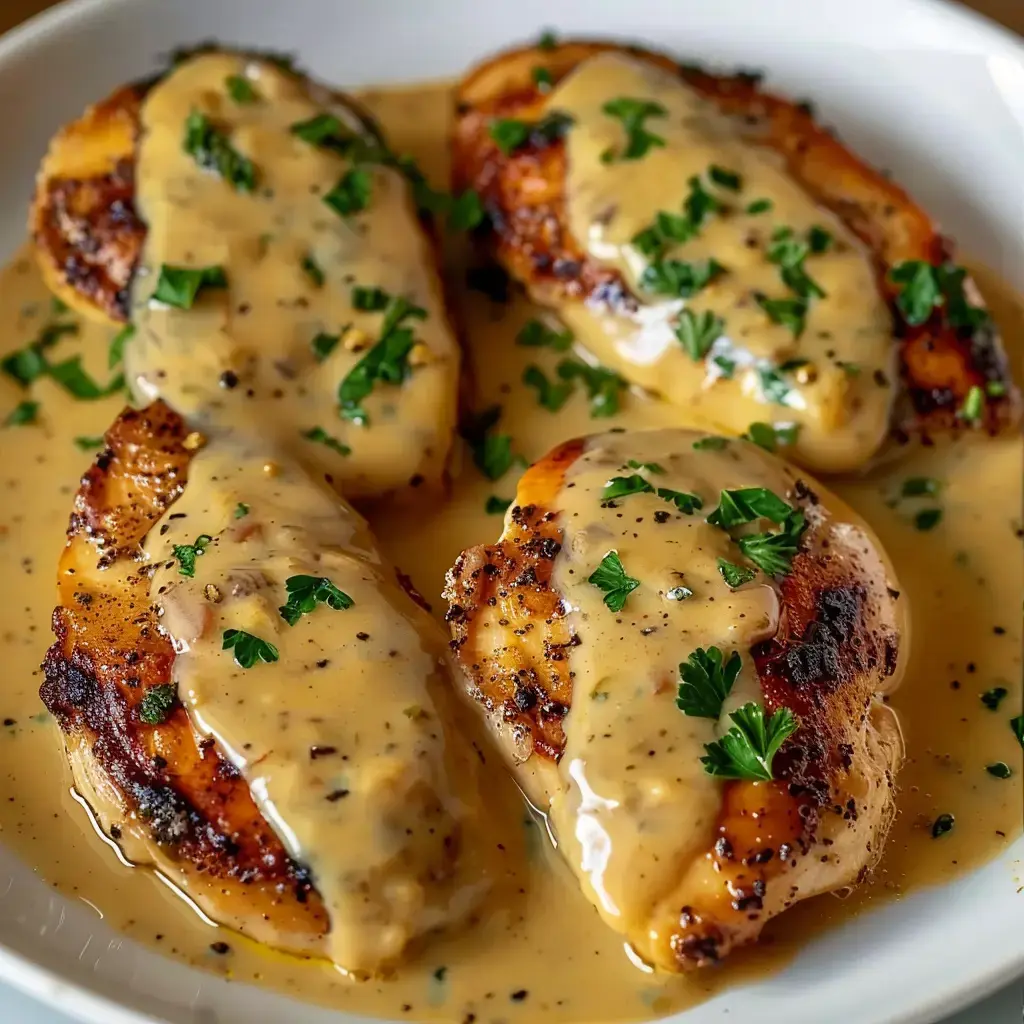 Poulet nappé d'une sauce riche et décoré de persil frais.