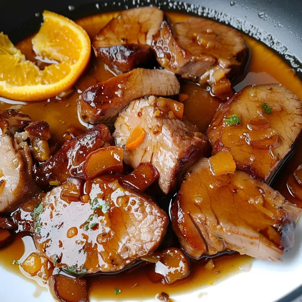 Une assiette chaleureuse de filet mignon, sublimée par une sauce orangée, garnie d'une tranche d'orange.