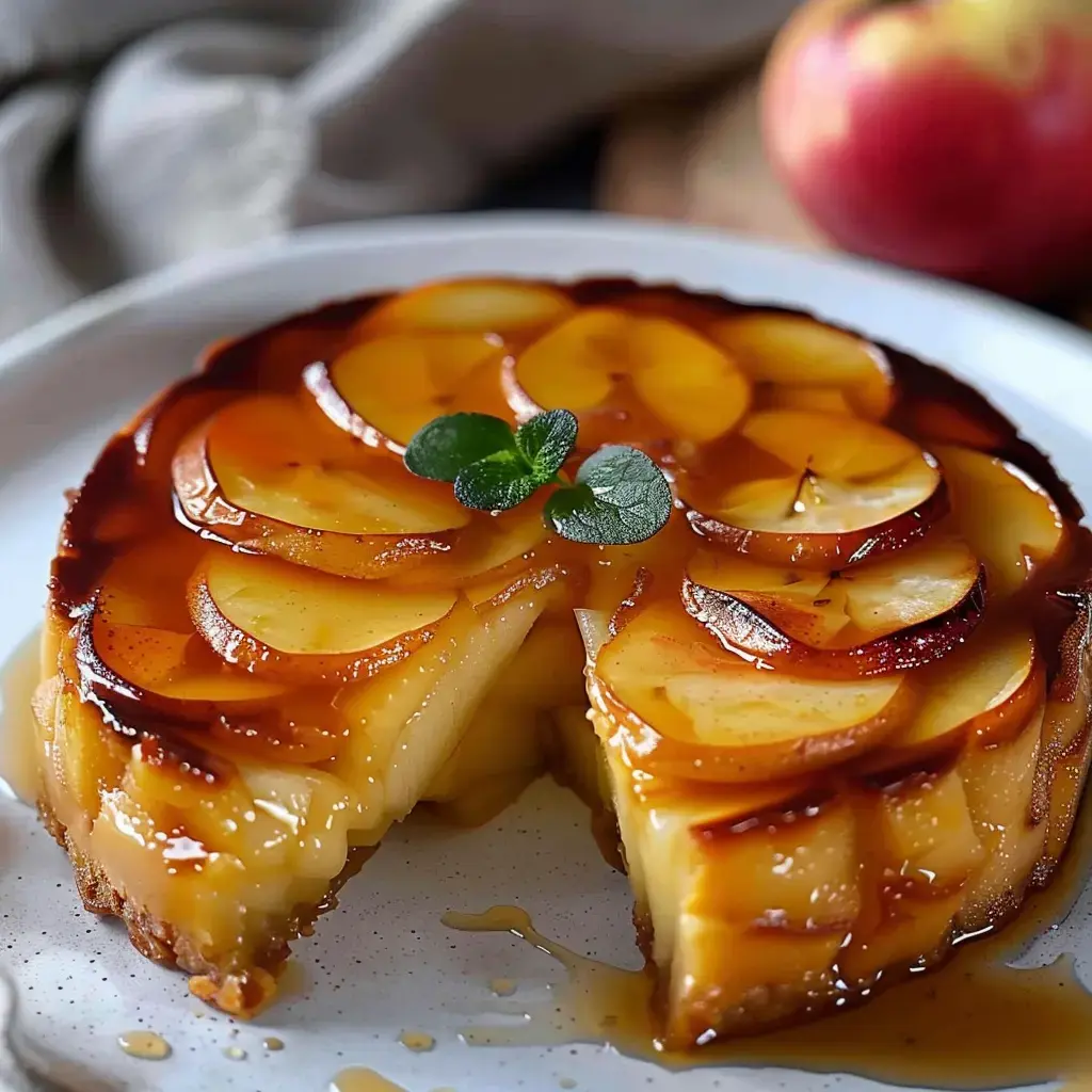 Un dessert aux pommes moelleux avec une part coupée, orné de feuilles de menthe sur une assiette.