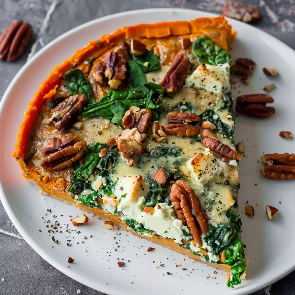 Une part de tarte sans pâte aux patates douces, épinards et fromage sur une assiette.