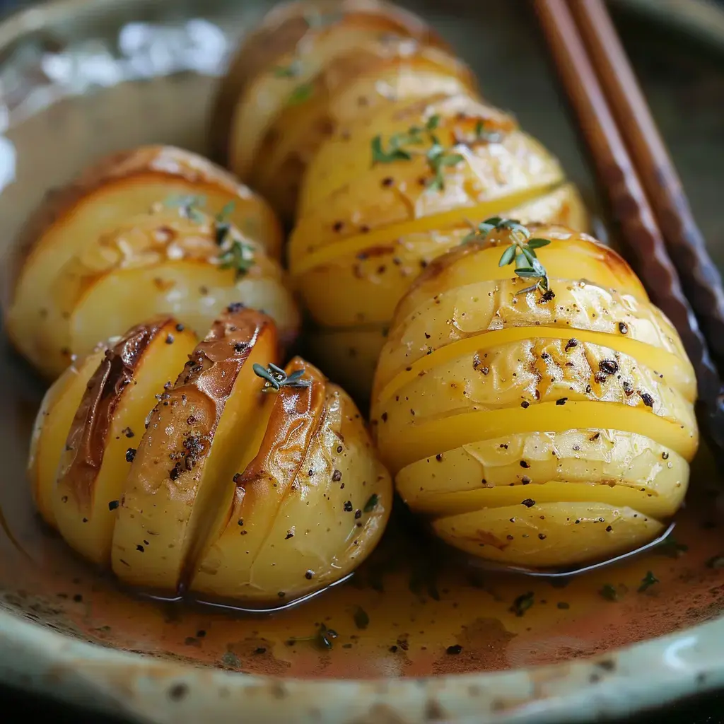 Assiette de pommes de terre tranchées et rôties, garnies de poivre et de thym.