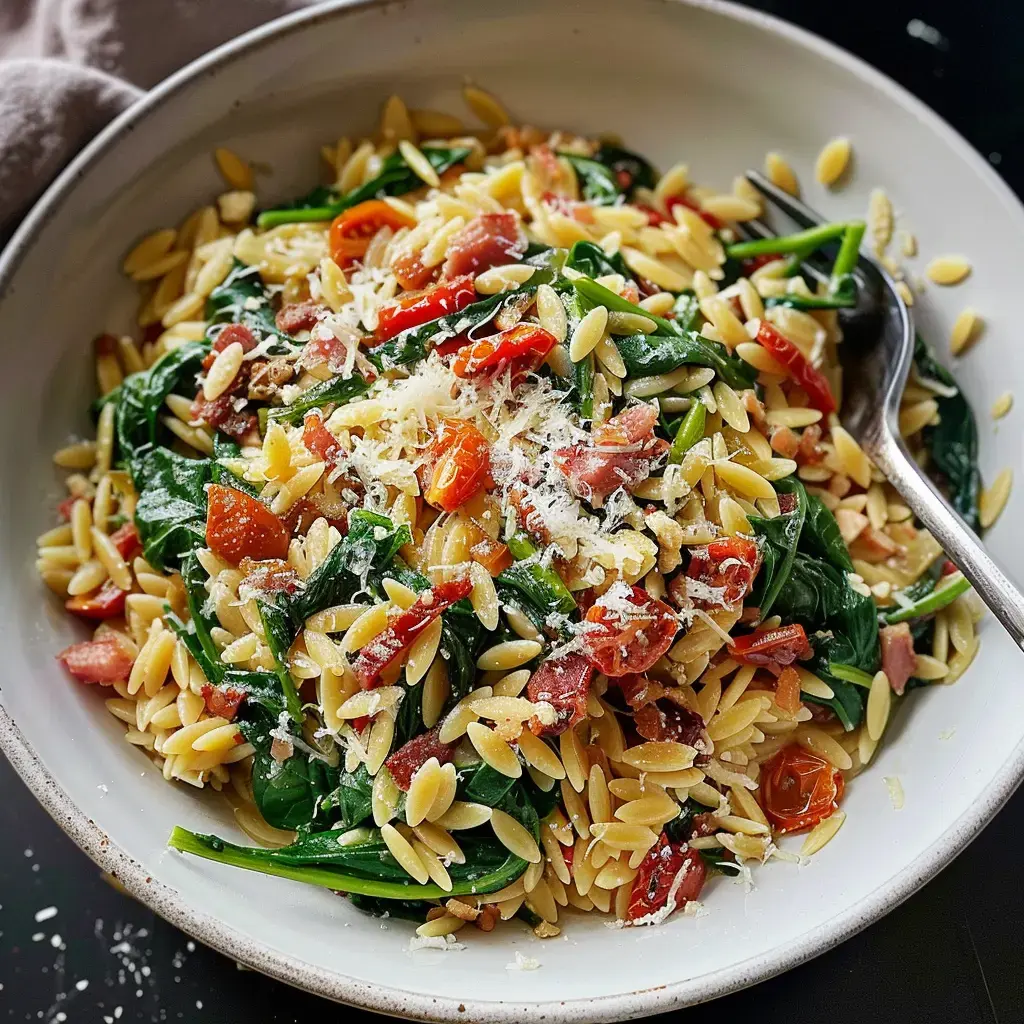 Des pâtes orzo délicieusement crémeuses avec des épinards, des tomates et une garniture de pancetta, surmontées de parmesan.