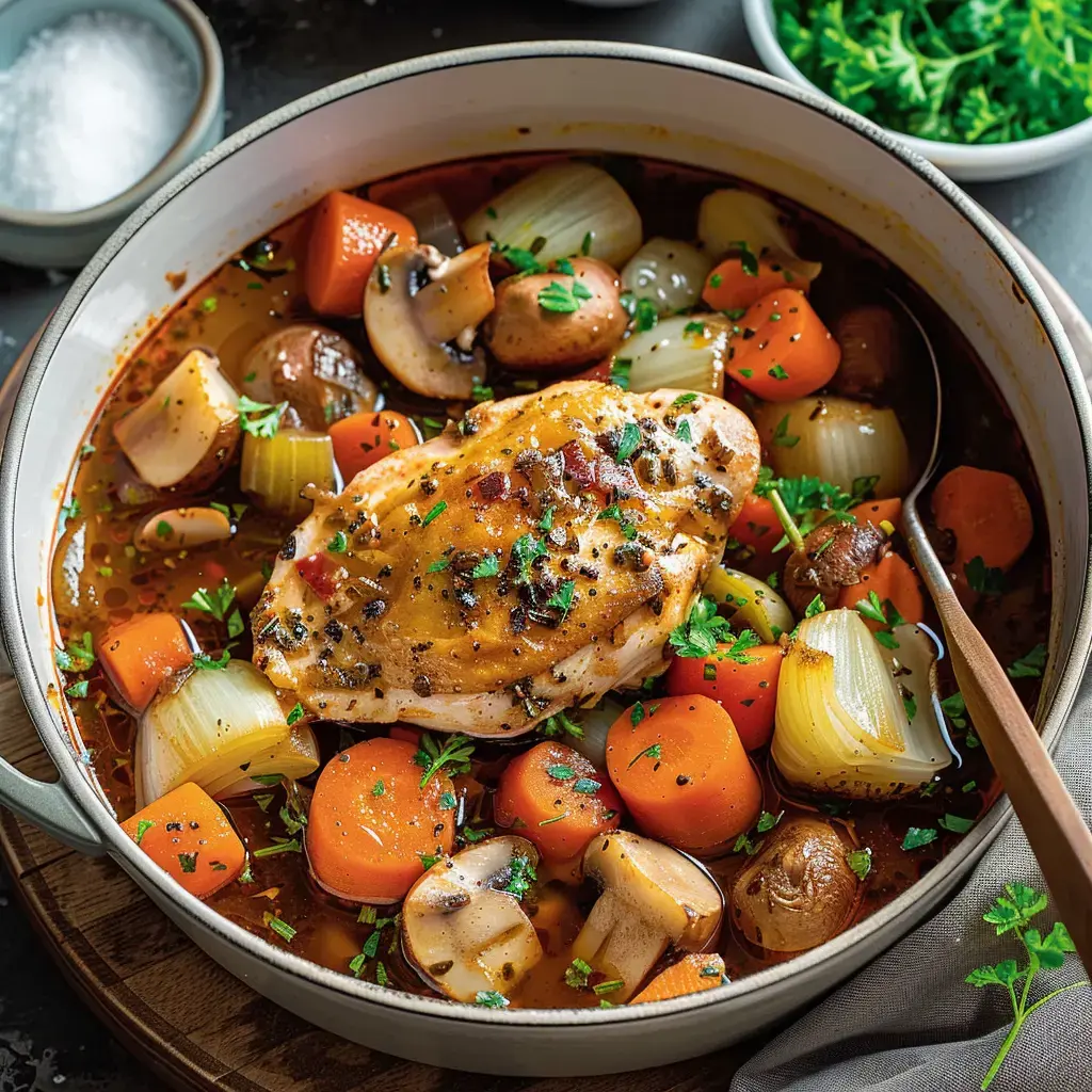 Assiette de poulet mijoté avec champignons, carottes, et herbes servis dans une cocotte.